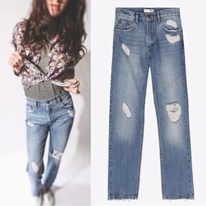 Anine Bing Jackie High Waisted Straight Leg Distressed Jean Size 25 Vintage Blue